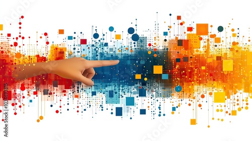 abstractof referral marketing with hand pointing towards interconnected stylized figures made of squares and circles symbolizing network and connection.illustration photo