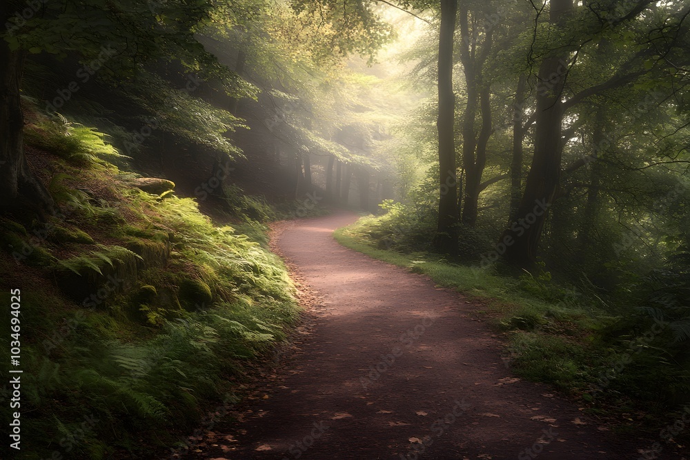 Obraz premium Sunbeams Through Misty Forest Path