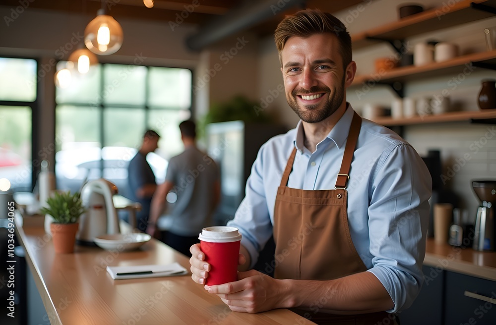 A smiling barista holds a stylish cup of takeaway coffee. Freshly brewed hot coffee in the cafe. A concept for advertising a coffee shop A smiling barista holds a stylish cup of takeaway coffee. Freshly brewed hot coffee in the cafe. A concept for advertising a coffee shop