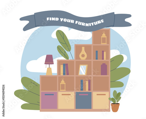 Find your furniture poster. Cabinets with retro lamps and books. Garage sale and flea market, bazaar. Discounts and promotions, sales. Flat vector illustration isolated on white background