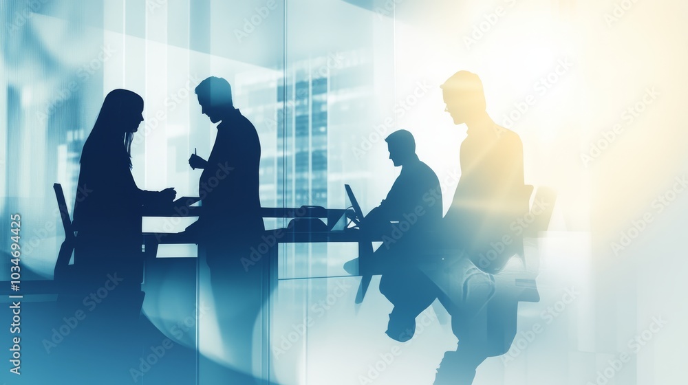 Light and shadow silhouettes of business professionals in a modern office setting, double exposure with abstract gradient light effects Light and shadow silhouettes of business professionals in a modern office setting, double exposure with abstract gradient light effects