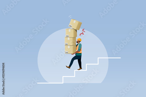 Worker walking downstairs carrying stack of boxes with top accidentally falling. Careless, accident at industrial factory, safety first concept. Vector.