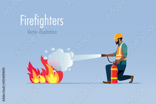 Fire fighters use fire extinguisher to extinguish burning fire flame. Fire safety equipment and training. Vector.