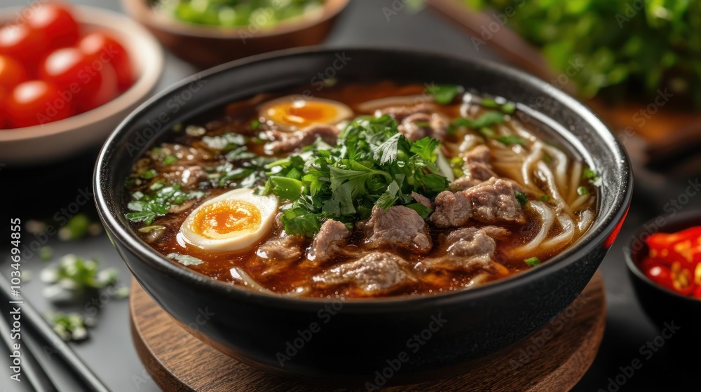 a vibrant and appetizing image of a bowl of steaming Japanese ramen soup. a vibrant and appetizing image of a bowl of steaming Japanese ramen soup.