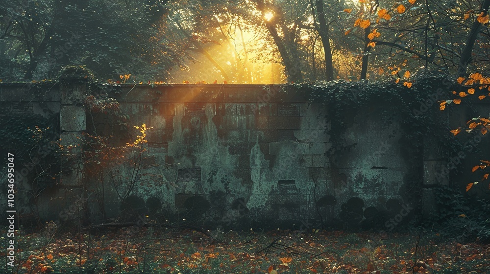Stone Wall with Ivy and Sunlight in Autumn Forest Stone Wall with Ivy and Sunlight in Autumn Forest