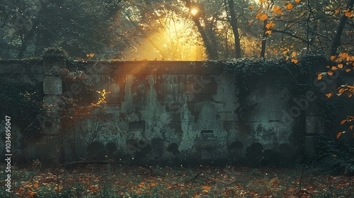 Stone Wall with Ivy and Sunlight in Autumn Forest