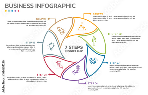 Visual data presentation. Cycle diagram with 7 options. Pie Chart Circle thin line infographic template with 7 steps, options, parts, segments. Business concept. Marketing infographic outline style.