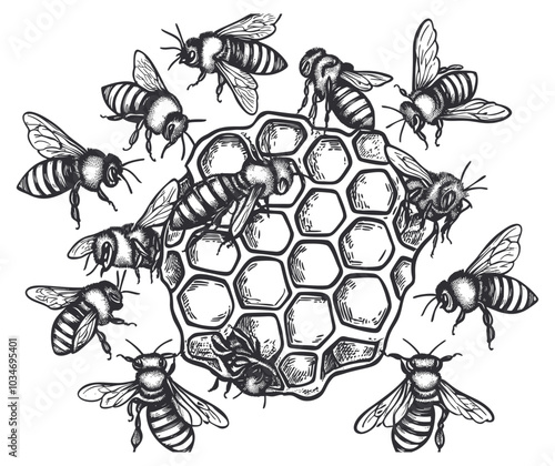 Vintage Bee Illustration with Honeycomb Design