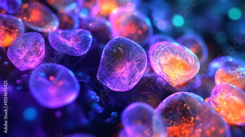 Bioluminescent Cells Under Microscope: A highly detailed image of glowing, bioluminescent cells under a microscope, symbolizing breakthroughs in cellular research and genetic engineering