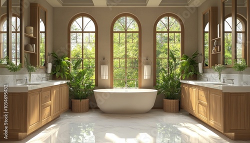 A spacious bathroom with a large bathtub, two sinks, and arched windows that overlook a lush green garden.