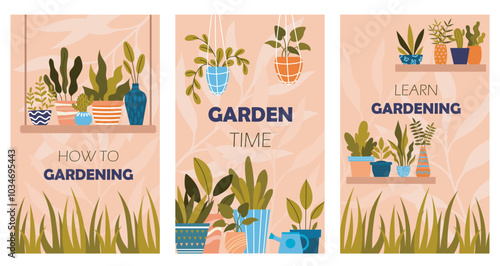 Gardening posters set. Flowerpots with plants. Tropical and exotic leaves. Gardening and botany, horticulture. Care about plants. Flat vector collection isolated on white background