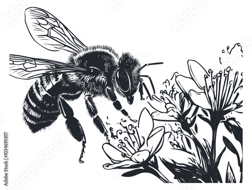 Bee Pollinating Flower in Black and White Illustration