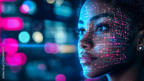 Biometric Facial Recognition Technology : A futuristic image of facial recognition software scanning a person face, with a digital grid overlay and data points highlighting key features