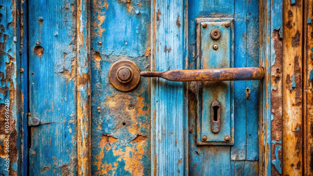 A weathered blue door with a rusty metal handle and a chipped keyhole, revealing the wood beneath. The door's surface displays layers of faded paint, revealing the history of its use. A weathered blue door with a rusty metal handle and a chipped keyhole, revealing the wood beneath. The door's surface displays layers of faded paint, revealing the history of its use.