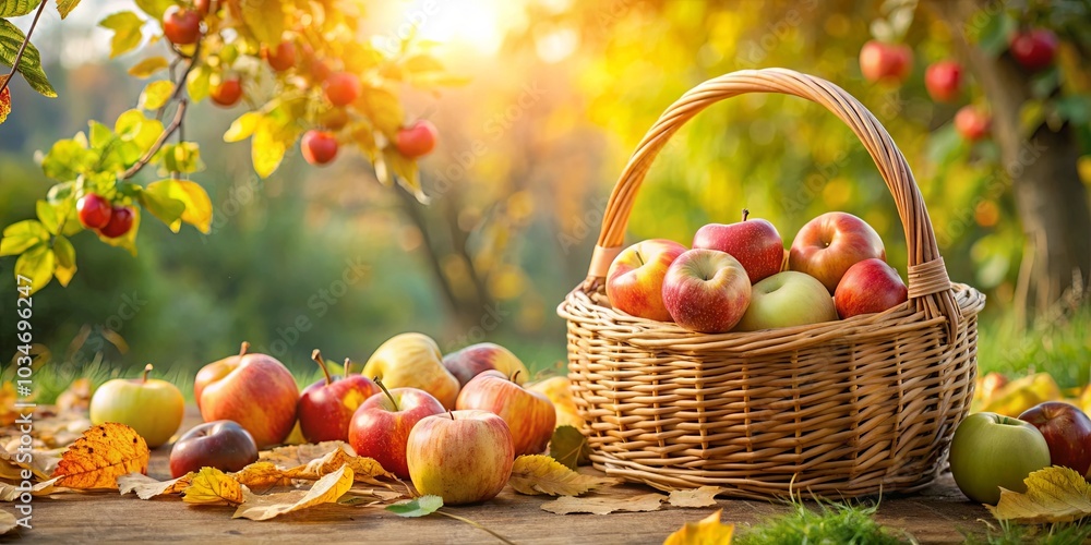 Golden Sunlight Bathes a Wicker Basket Overflowing with Ripe Apples, Scattered on the Forest Floor with Autumn Leaves