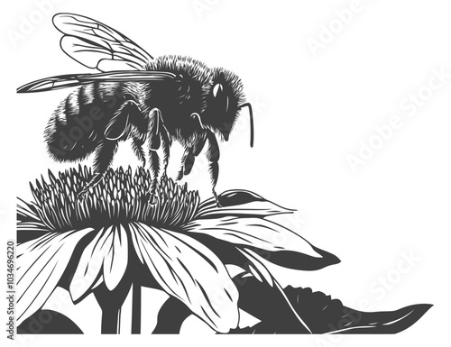 Bee on Flower in Black and White Illustration