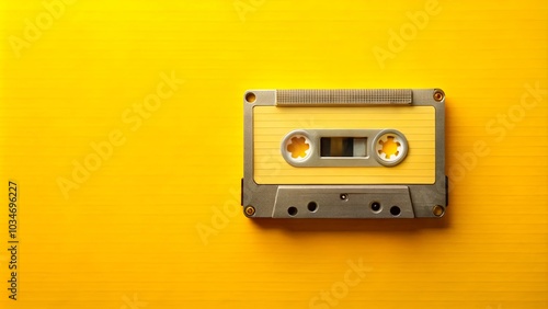 A vintage audio cassette on a yellow backdrop, reminiscing of a bygone era of music