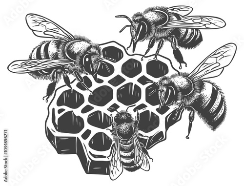 Bees on Honeycomb in Vintage Style Illustration