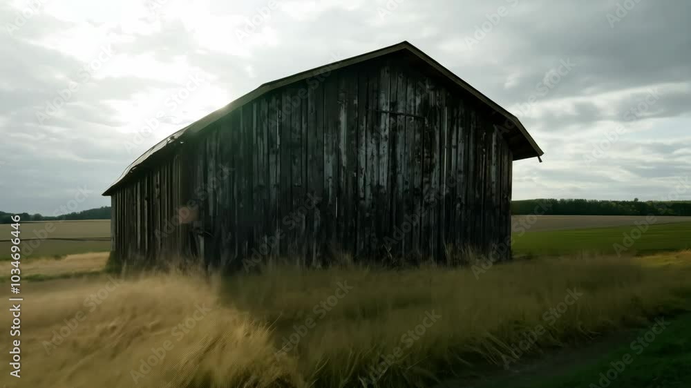 An old wooden barn stands in a grassy field under a cloudy sky, with tall grass swaying in the wind. An old wooden barn stands in a grassy field under a cloudy sky, with tall grass swaying in the wind.