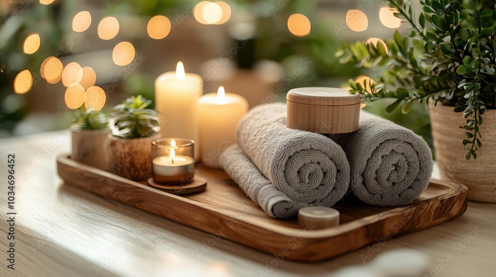 Elegant Spa Scene with Aromatic Candles and Towels Elegant Spa Scene with Aromatic Candles and Towels
