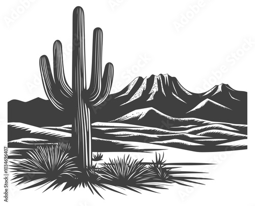Desert Landscape with Cactus and Mountains Illustration