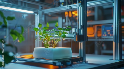 3D Printing of Biodegradable Materials : A 3D printer creating biodegradable materials or bio-engineered structures, with holographic data showing the environmental and biological benefits photo