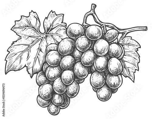 Hand-Drawn Grapes on Vine with Leaf