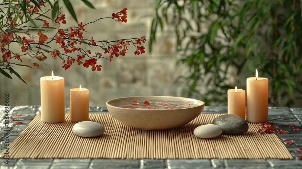 Tranquil Spa Scene with Candles and Bamboo Mat Tranquil Spa Scene with Candles and Bamboo Mat