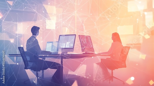 Surreal low poly illustration of remote work solutions, featuring interconnected workers in a digital environment, soft pastel tones emphasizing flexibility and collaboration