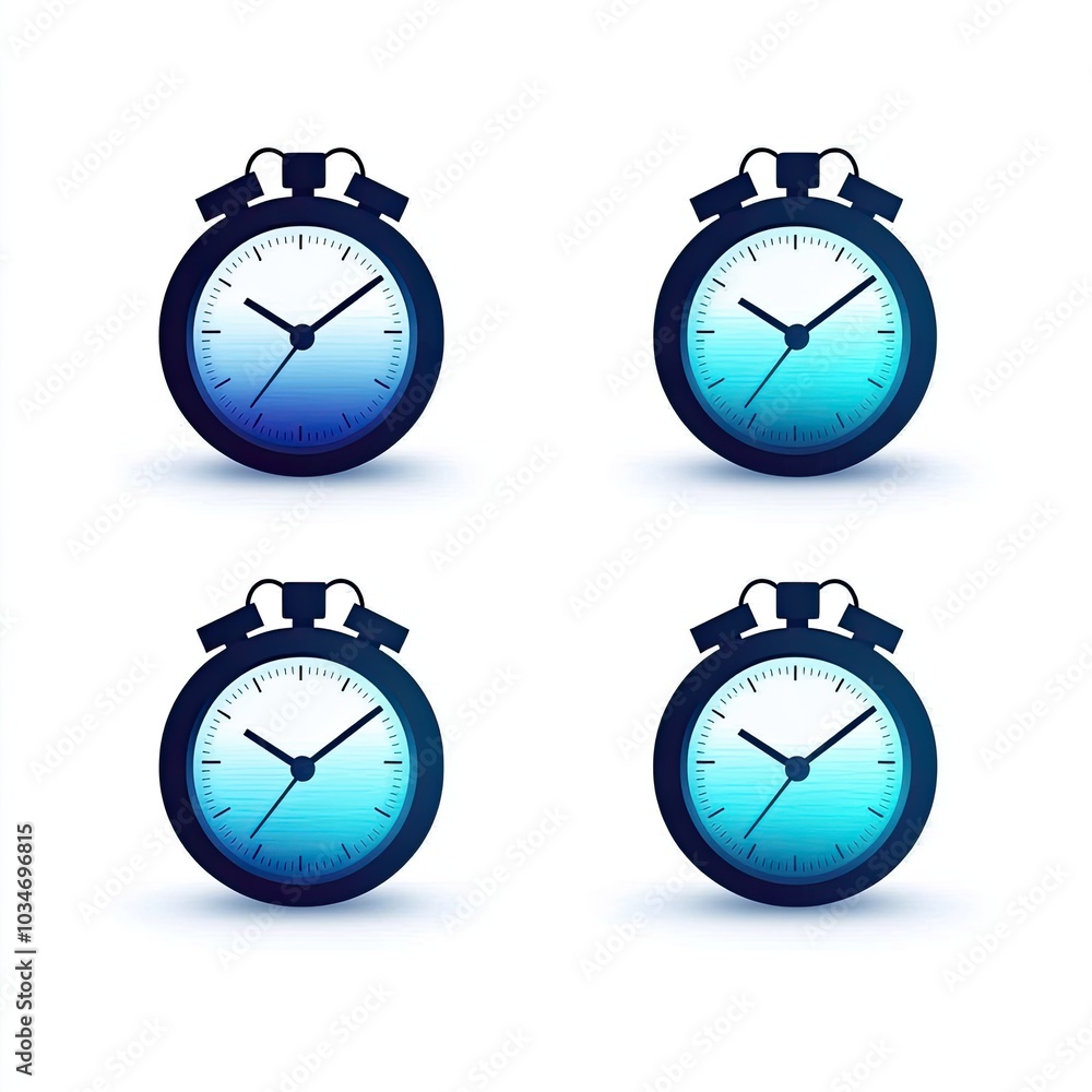 Four Blue and Black Stopwatch Clocks with White Background Four Blue and Black Stopwatch Clocks with White Background