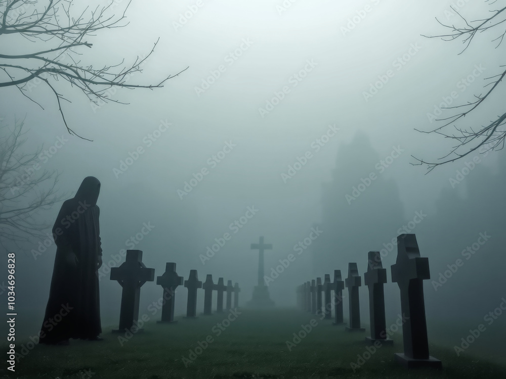 A man stands in front of a row of crosses in a foggy cemetery. The atmosphere is eerie and somber, with the fog adding to the sense of mystery and unease A man stands in front of a row of crosses in a foggy cemetery. The atmosphere is eerie and somber, with the fog adding to the sense of mystery and unease