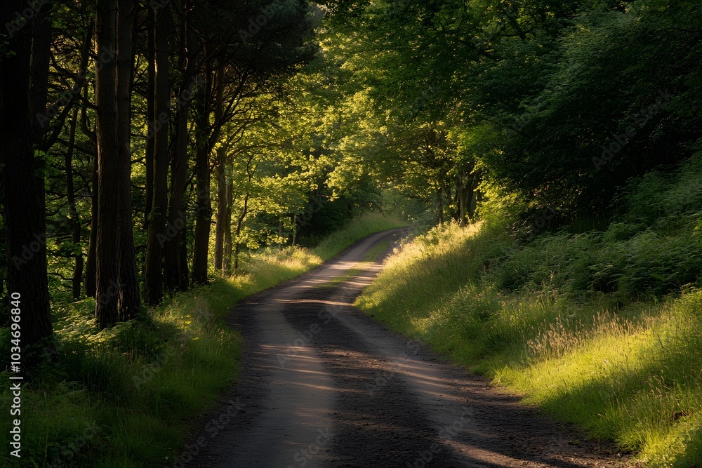 Fototapeta premium Winding Forest Path with Sunlight Through Trees
