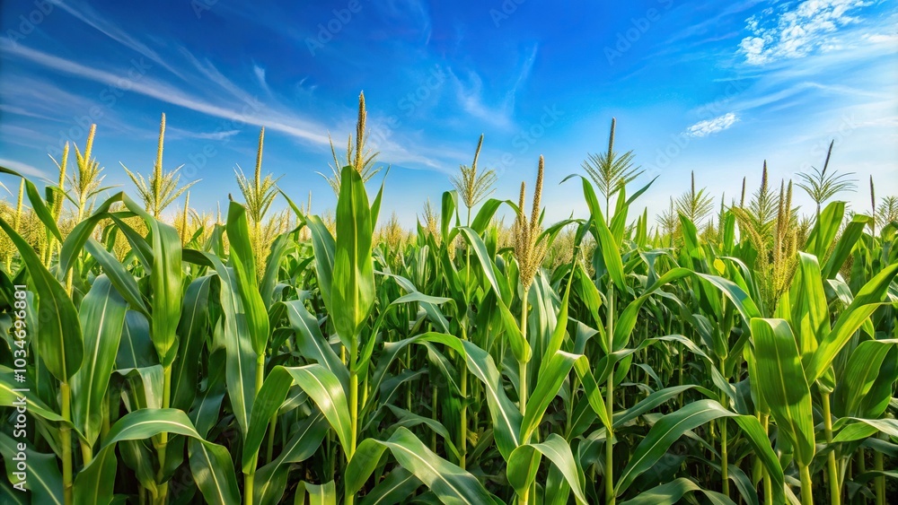 Agriculture background of a macro corn field growing with clear sky Agriculture background of a macro corn field growing with clear sky