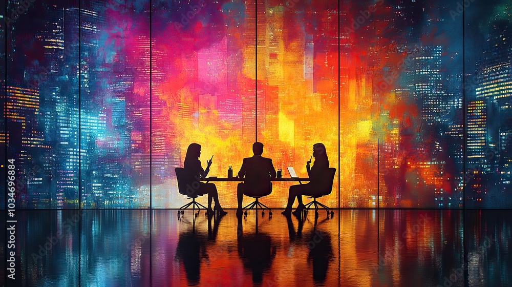 abstract silhouettes of three individuals in software development job interview set against backdrop of vibrant colors and modern abstract shapes.image abstract silhouettes of three individuals in software development job interview set against backdrop of vibrant colors and modern abstract shapes.image