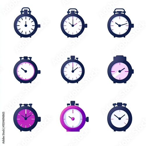 Nine Cartoon Alarm Clocks with Different Time Settings