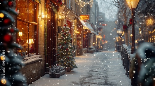 Photorealistic, ultra detailed snowy street scene at Christmas