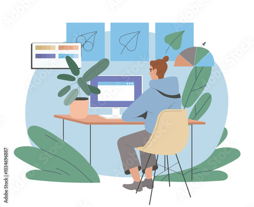 Man designer at workplace. Young guy with computer and laptop creates website and mobile program design. Freelancer makes money on Internet. Flat vector illustration isolated on white background