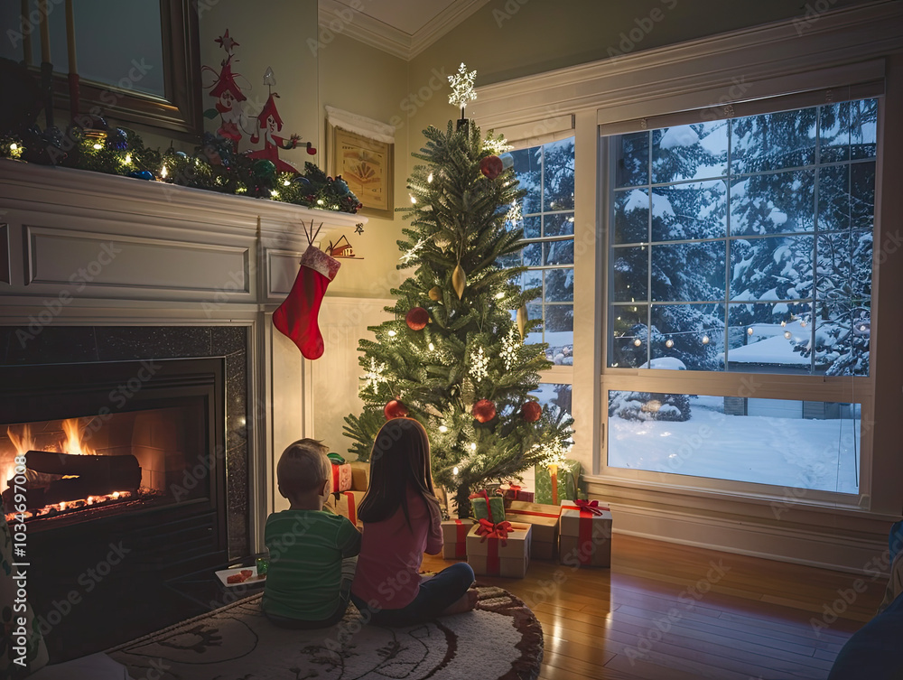 Children open presents under a glowing tree, fireplace crackling, snow-covered pines outside.