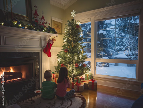 Obraz na płótnie Children open presents under a glowing tree, fireplace crackling, snow-covered pines outside. w salonie