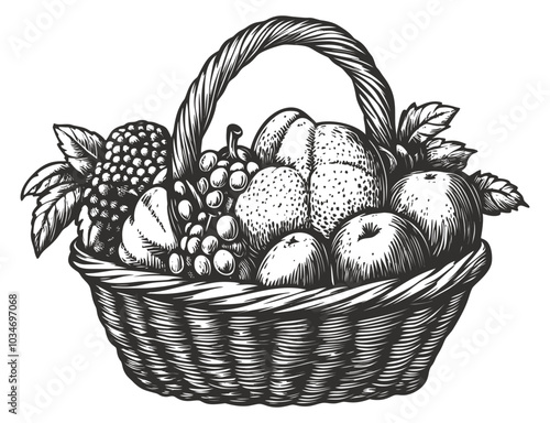 Hand-Drawn Fruit Basket Illustration in Black and White