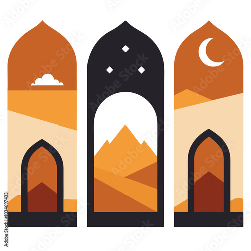 Set of Arabic window Oriental scenes. Ramadan arch doors. Islamic architectural elements with dunes landscapes. Frame with moon, desert and mountains. illustration