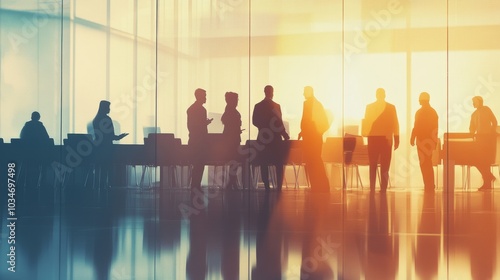 Silhouettes of business figures in a collaborative meeting room, abstract double exposure with light and shadow gradients