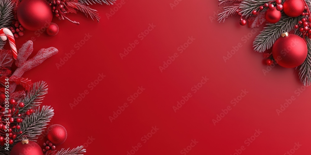 Festive Red Background with Christmas Decorations Festive Red Background with Christmas Decorations