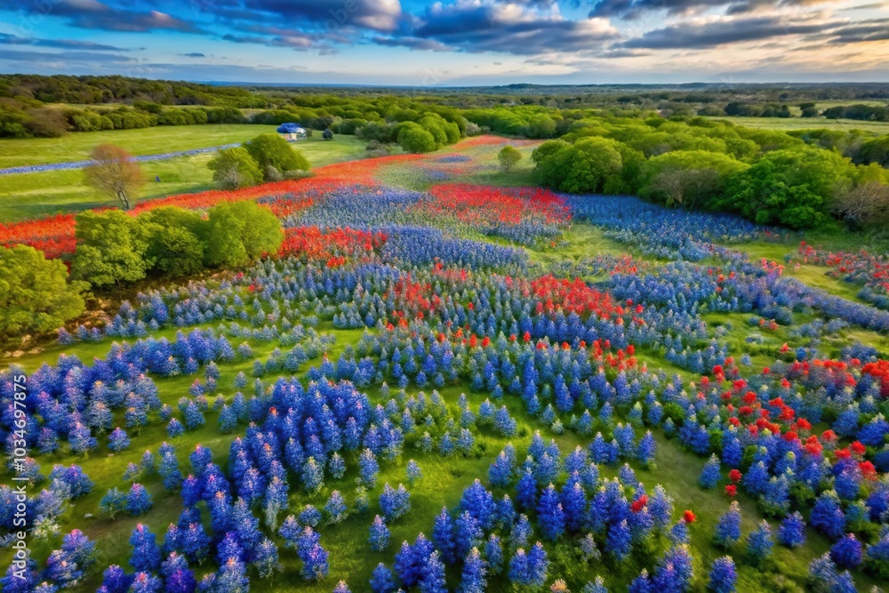 Aerial view of vibrant bluebonnet and Indian paintbrush wildflowers blooming in a Texas field Aerial view of vibrant bluebonnet and Indian paintbrush wildflowers blooming in a Texas field
