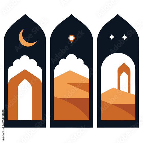 Set of Arabic window Oriental scenes. Ramadan arch doors. Islamic architectural elements with dunes landscapes. Frame with moon, desert and mountains. illustration