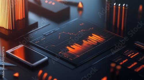 Ultra detailed high-resolution, photorealistic image of an economic chart with three-dimensional bars and lines that seem to float above a polished marble desk