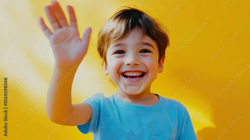 A cheerful young boy in a blue shirt smiles brightly and waves his hand, set against a vibrant yellow background.