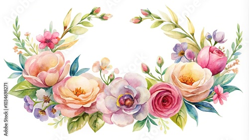 Fototapeta Naklejka Na Ścianę i Meble -  Aerial watercolor flowers crown isolated on white spring floral wreath