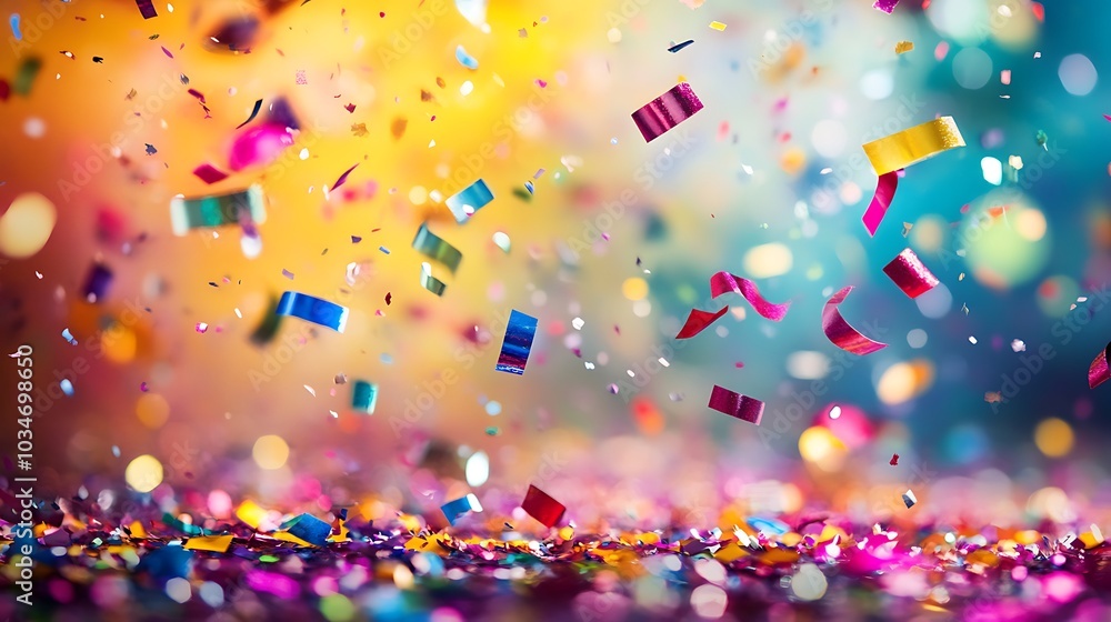 Colorful confetti falling in a festive celebration, creating a dynamic and joyful atmosphere with vibrant, bright colors. Colorful confetti falling in a festive celebration, creating a dynamic and joyful atmosphere with vibrant, bright colors.
