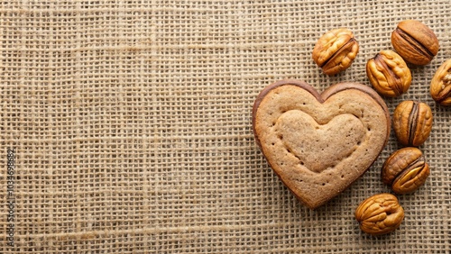 Heart-shaped Cookie and Delicate Nuts on a Rustic Fabric Background